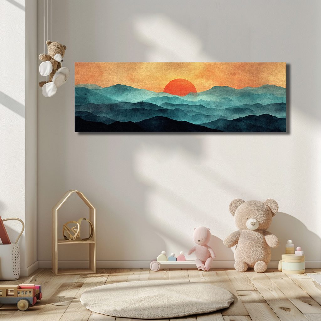 Red Sun over Teal Mountains canvas wall art, unframed canvas