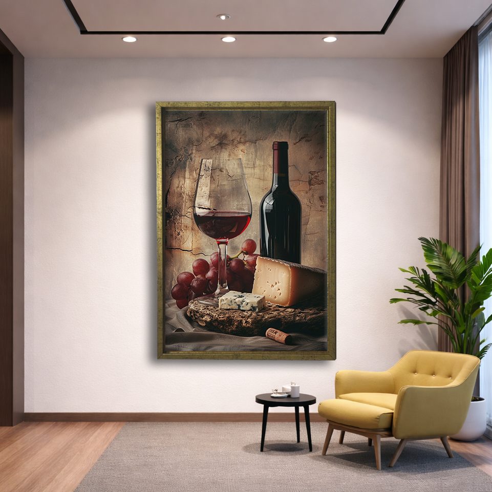 Red Wine Grapes and Cheese Still Life canvas wall art, gold floating frame