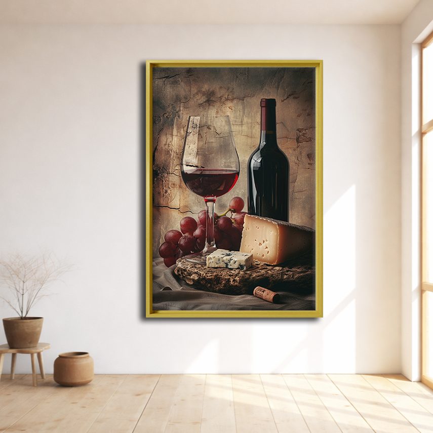 Red Wine Grapes and Cheese Still Life canvas wall art, natural wood floating frame