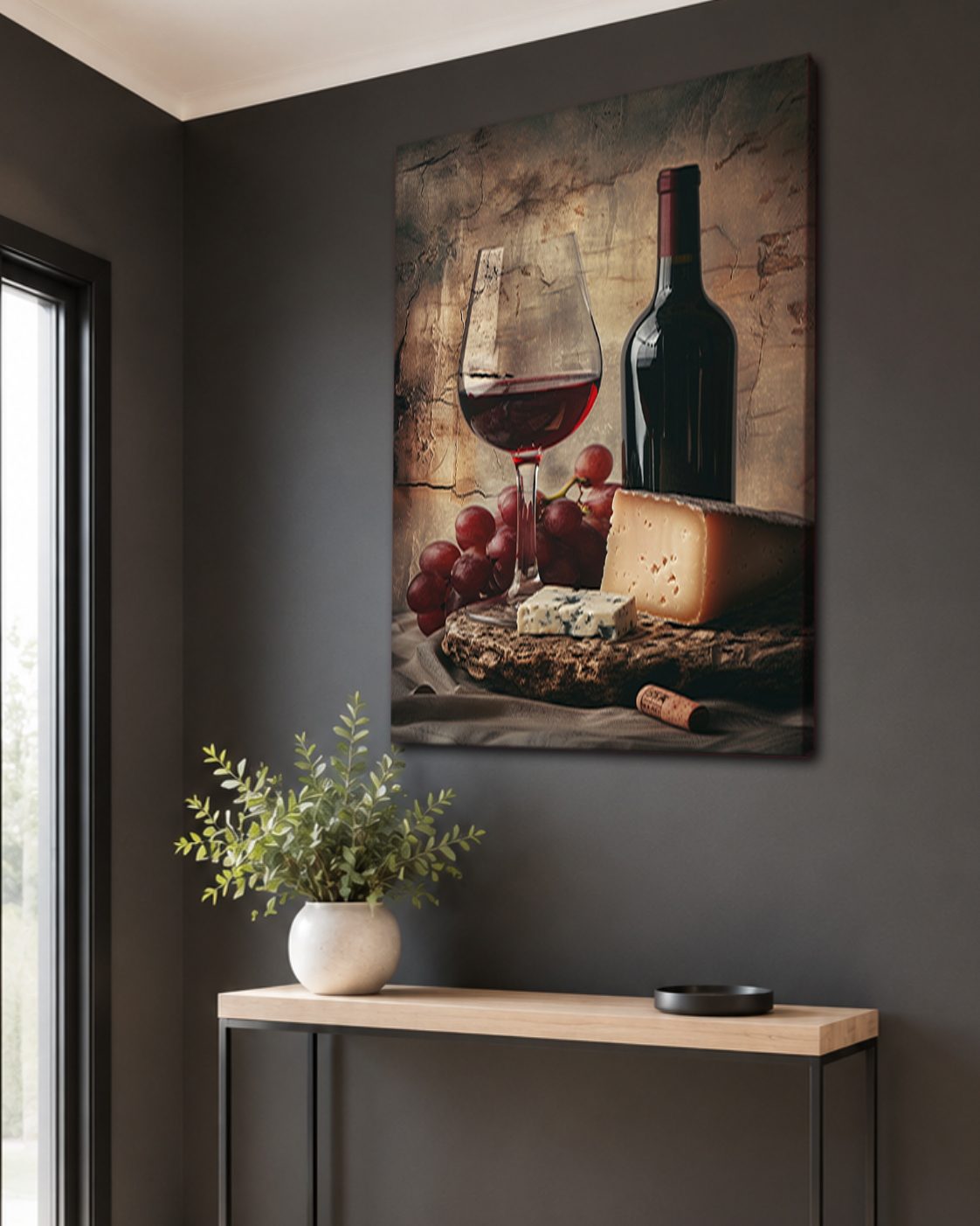 Red Wine Grapes and Cheese Still Life canvas wall art, unframed canvas