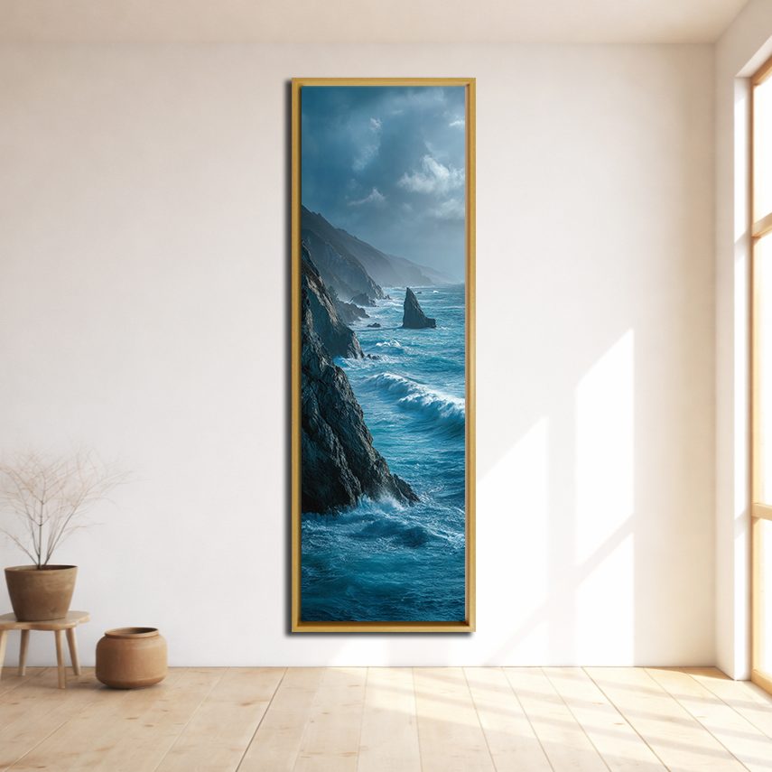 Rocky Coast Ocean Waves canvas wall art, natural wood floating frame