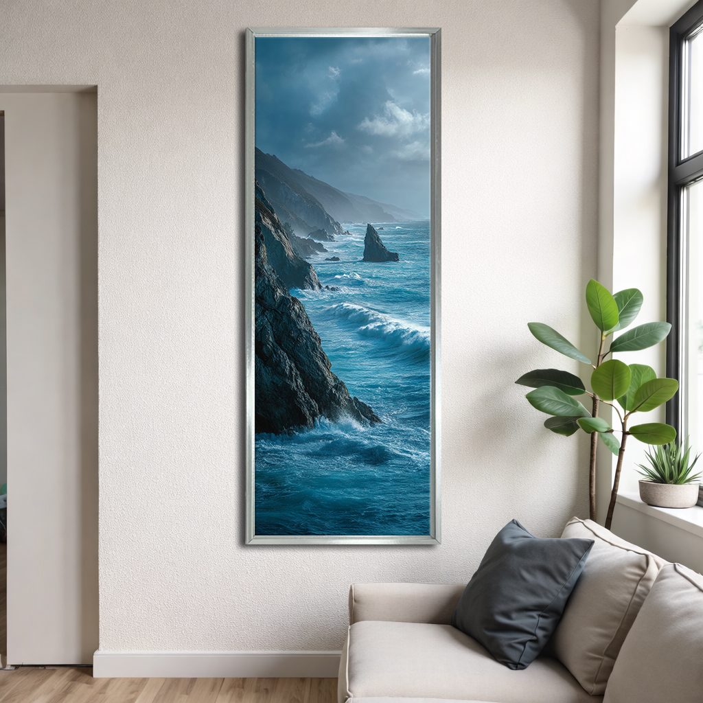 Rocky Coast Ocean Waves canvas wall art, silver floating frame