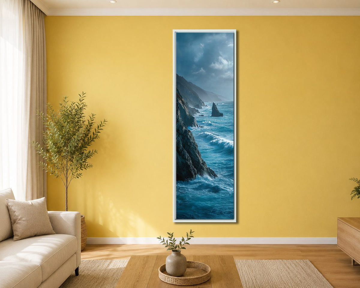 Rocky Coast Ocean Waves canvas wall art, white floating frame