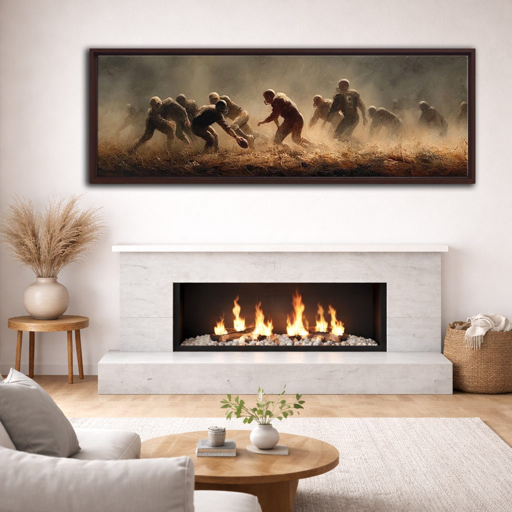 Rugby Players in the Dust canvas wall art, walnut floating frame