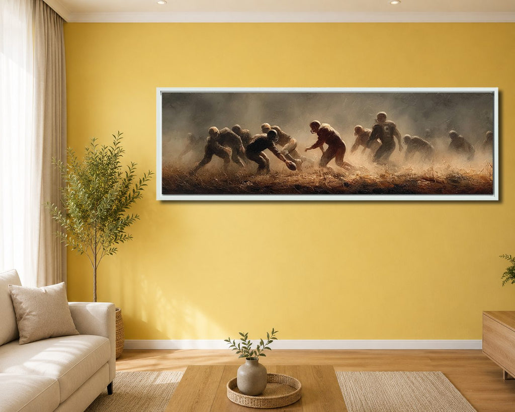 Rugby Players in the Dust canvas wall art, white floating frame