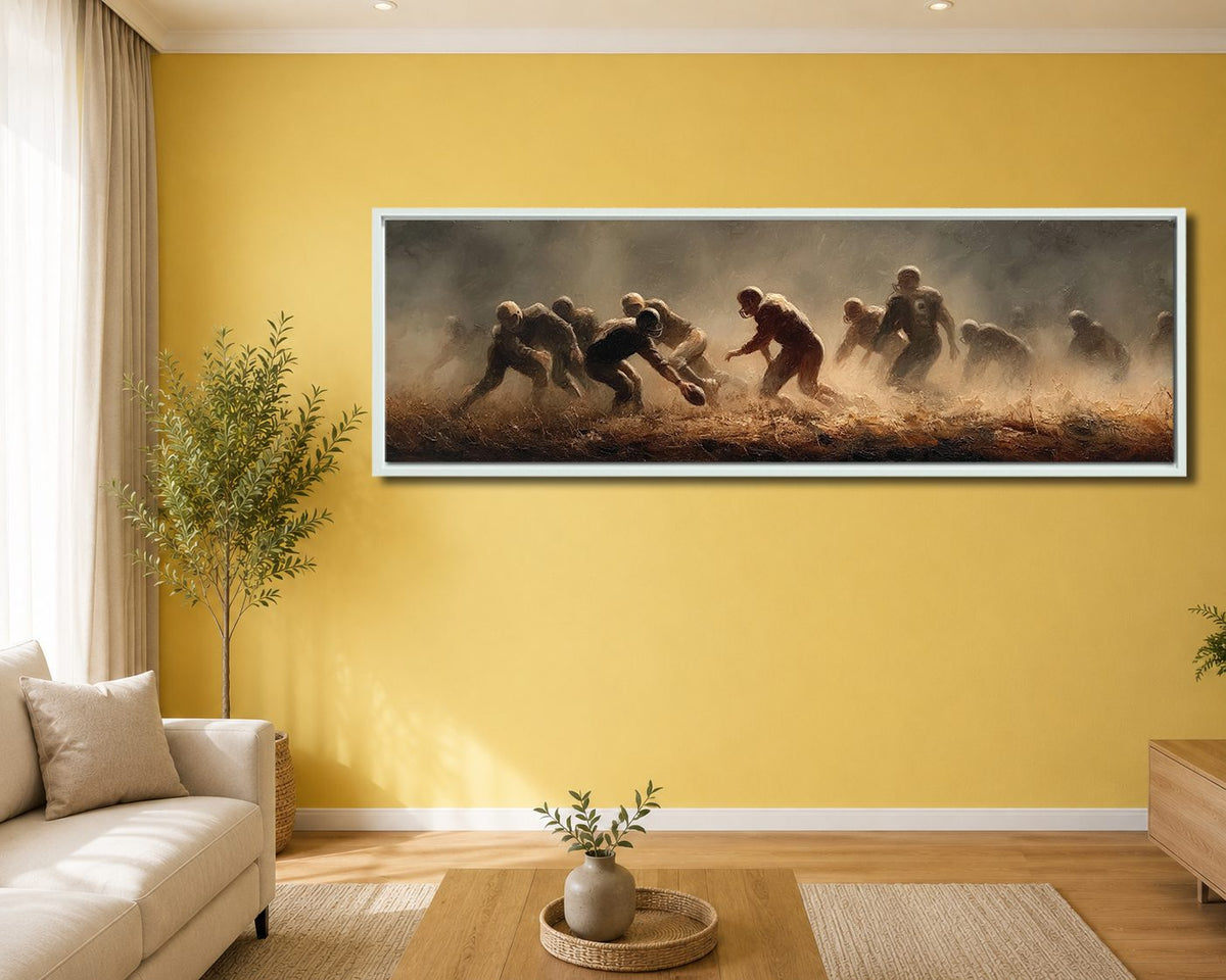 Rugby Players in the Dust canvas wall art, white floating frame