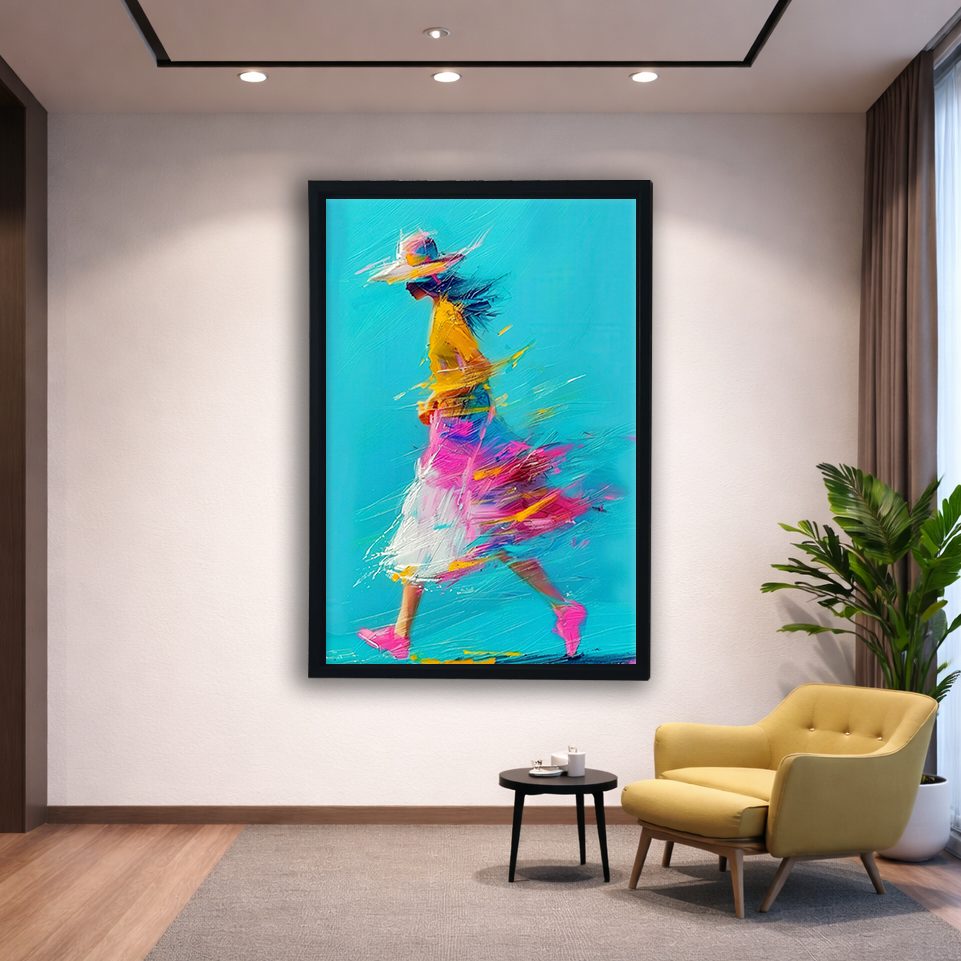 Running Girl in Colorful Dress canvas wall art, black floating frame