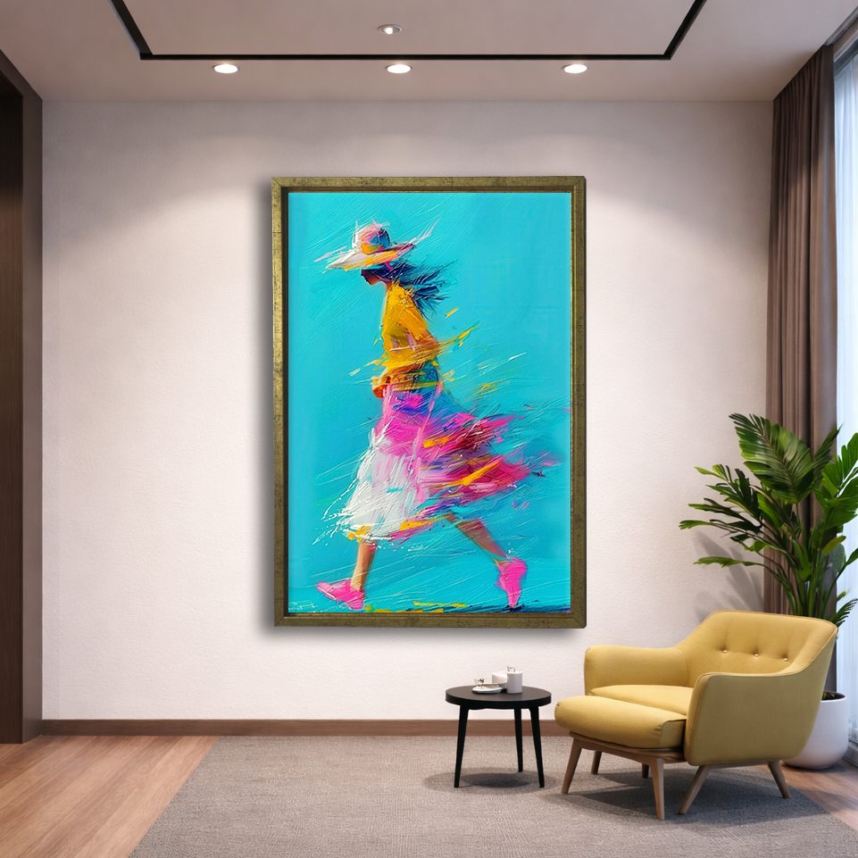 Running Girl in Colorful Dress canvas wall art, gold floating frame