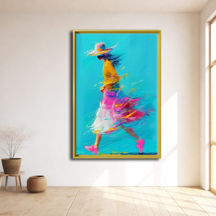 Running Girl in Colorful Dress canvas wall art, natural wood floating frame