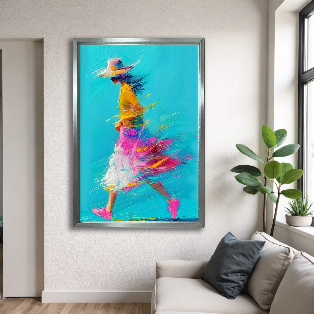 Running Girl in Colorful Dress canvas wall art, silver floating frame