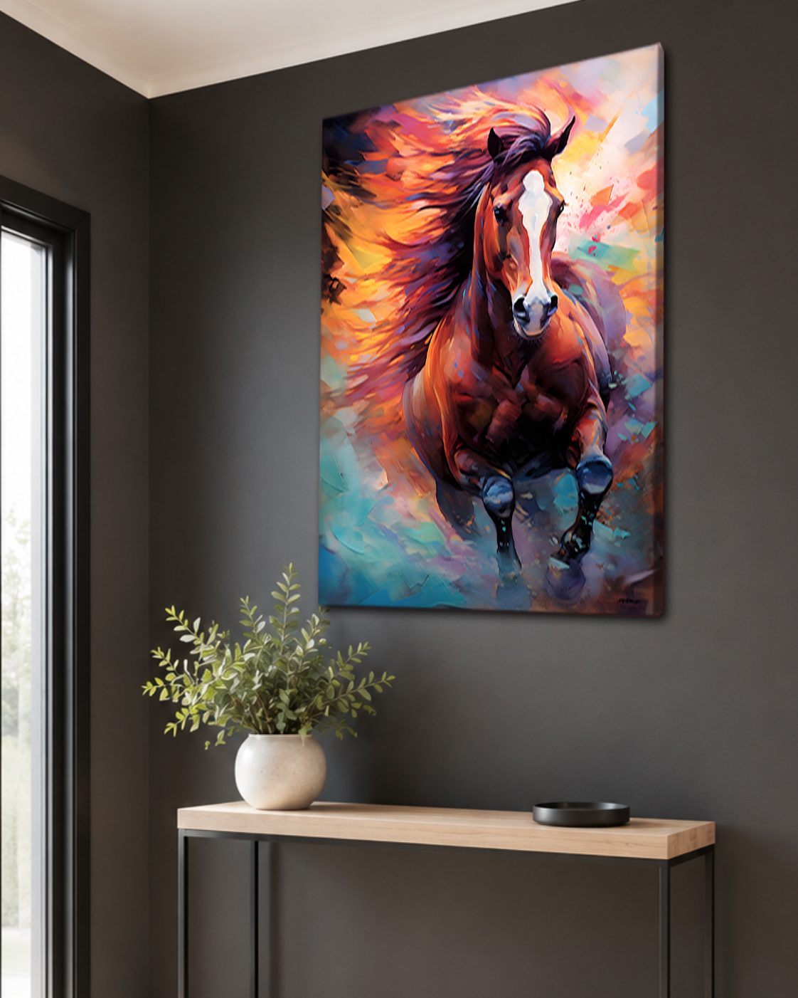 Running Horse in Vibrant Colors canvas wall art, unframed canvas