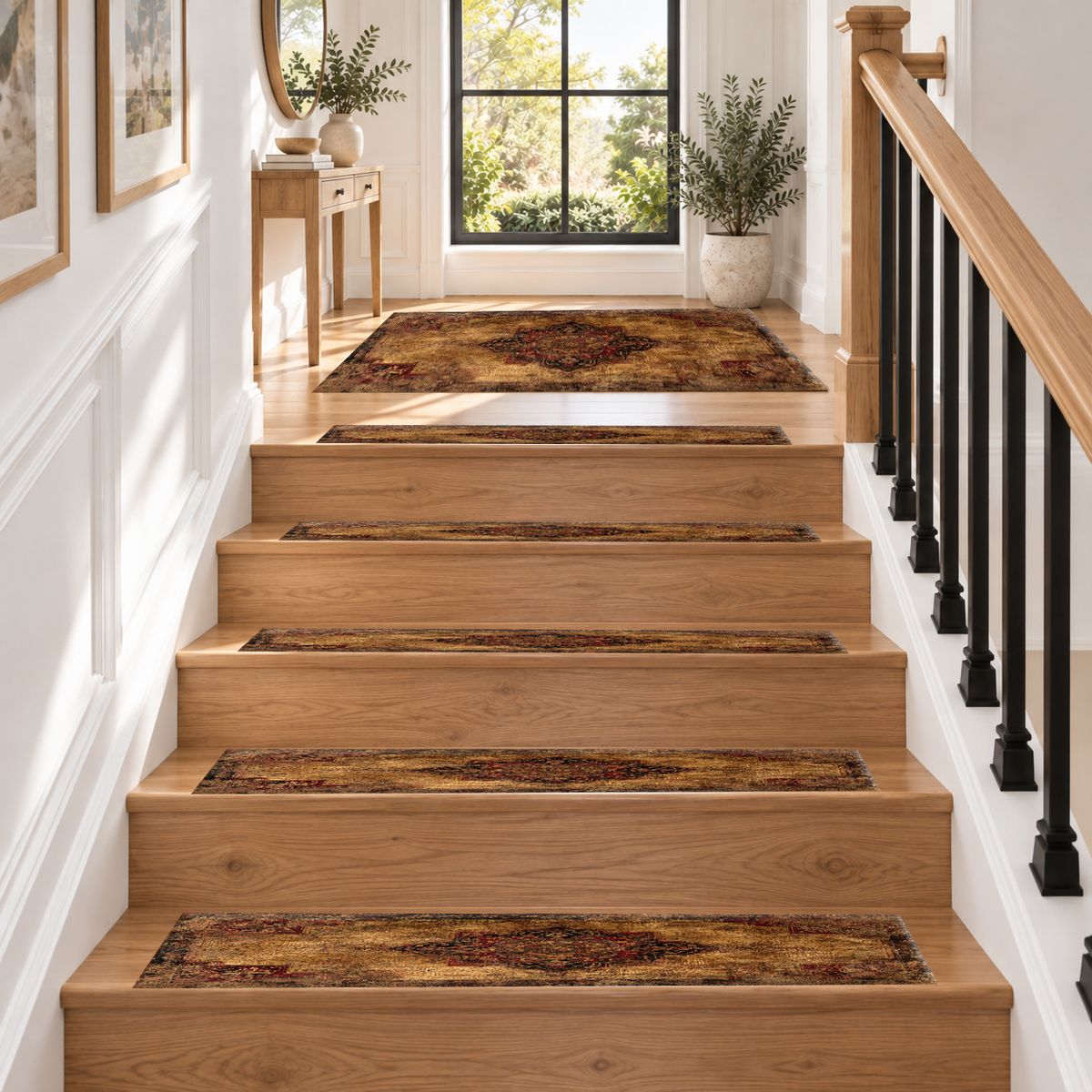Distressed Brown Vintage Persian Medallion non-slip stair mat