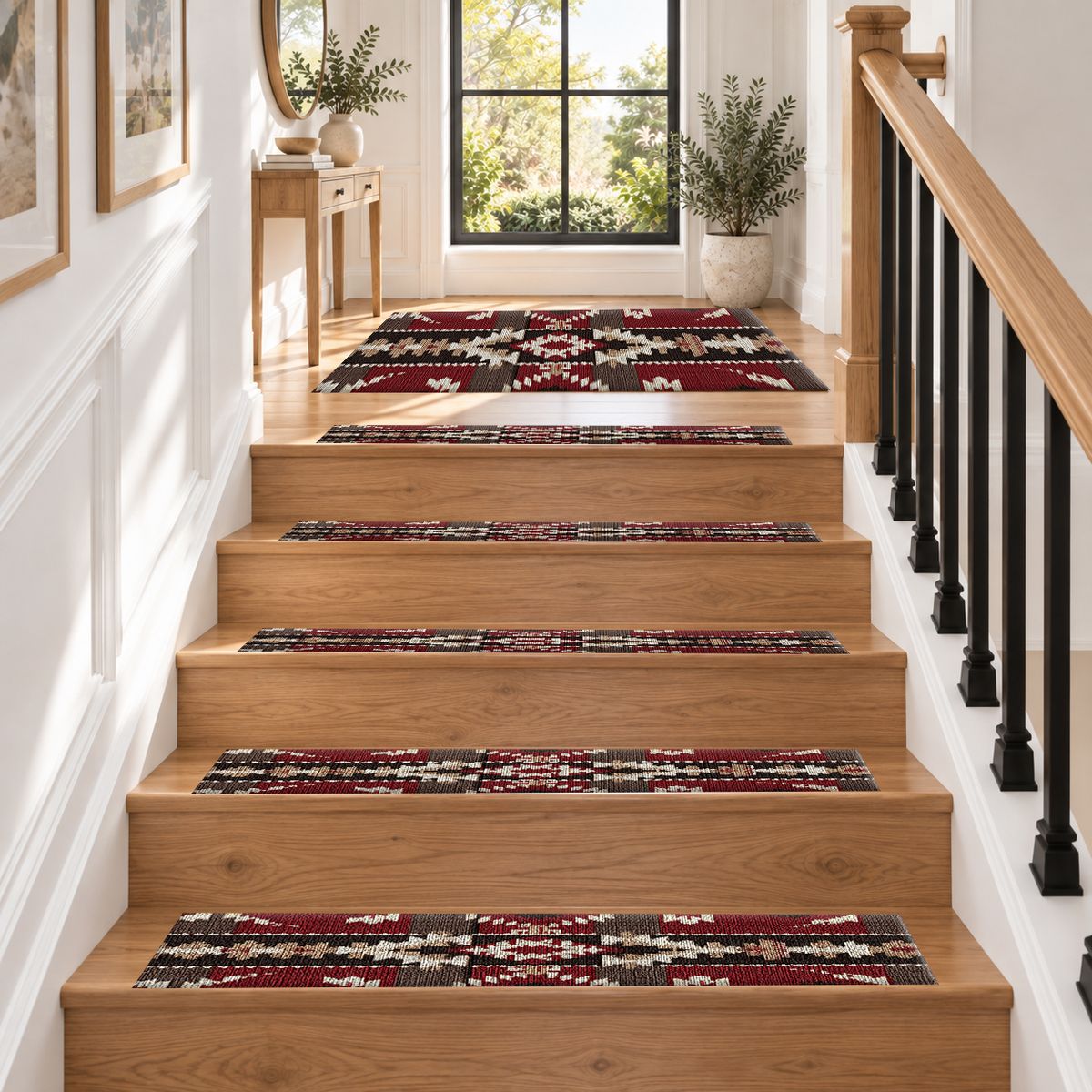 Red and Black Southwestern Kilim non-slip stair mat