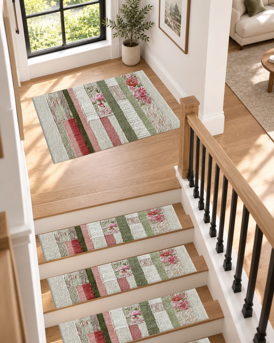 Shabby Chic Rose Striped Patchwork non-slip stair mat