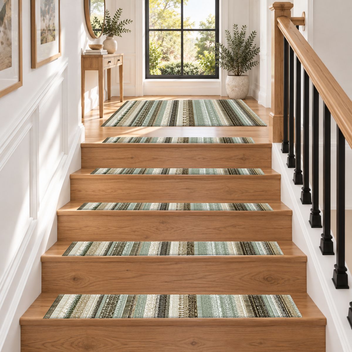 Sage and Cream Striped Woven non-slip stair mat