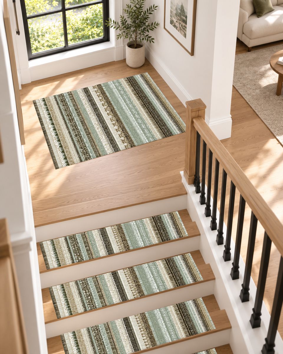 Sage and Cream Striped Woven non-slip stair mat