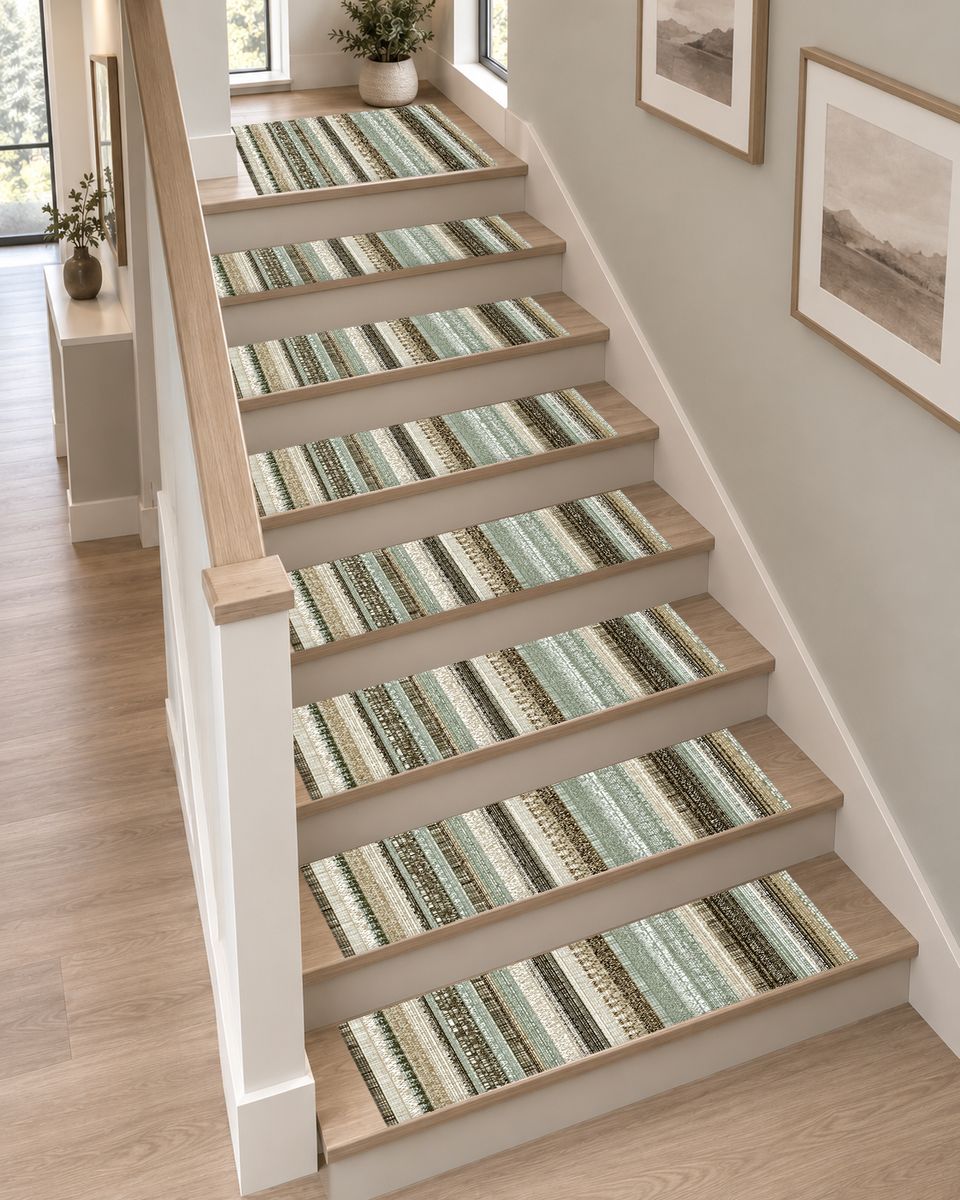 Sage and Cream Striped Woven non-slip stair mat