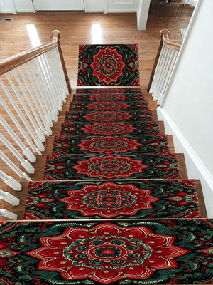Red and Emerald Ornate Mandala Stair Treads, Non-Slip Stair Mat Set