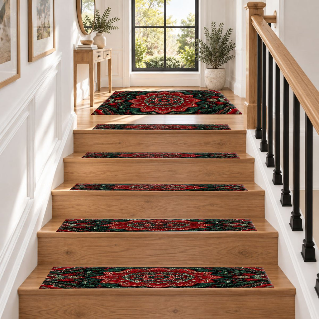 Red and Emerald Ornate Mandala non-slip stair mat