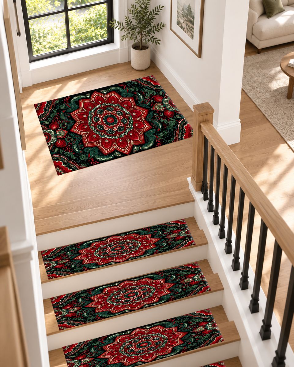 Red and Emerald Ornate Mandala non-slip stair mat