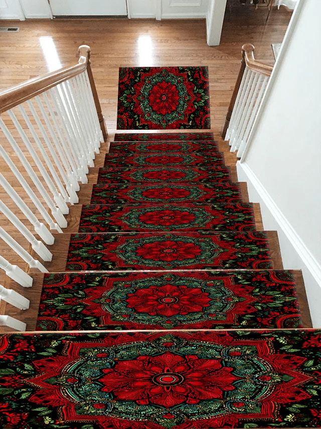 Crimson and Green Floral Medallion non-slip stair mat