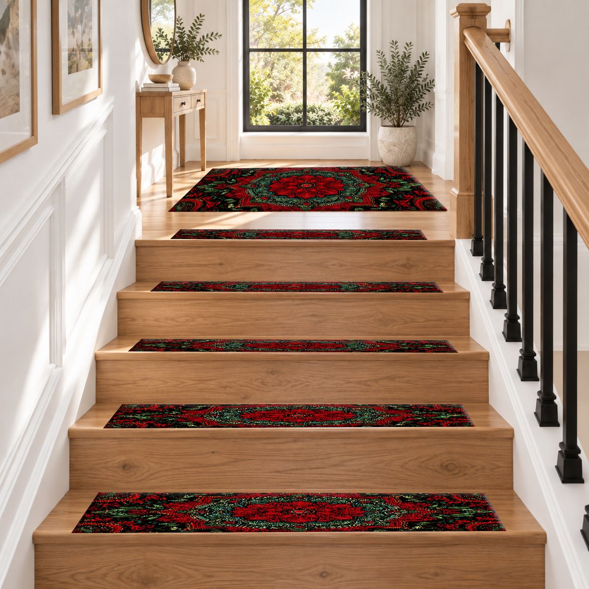 Crimson and Green Floral Medallion non-slip stair mat