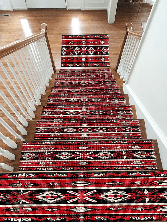 Red and Black Folk Striped Kilim non-slip stair mat