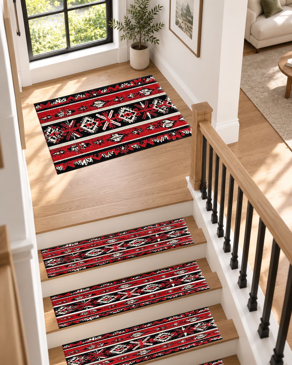 Red and Black Folk Striped Kilim non-slip stair mat