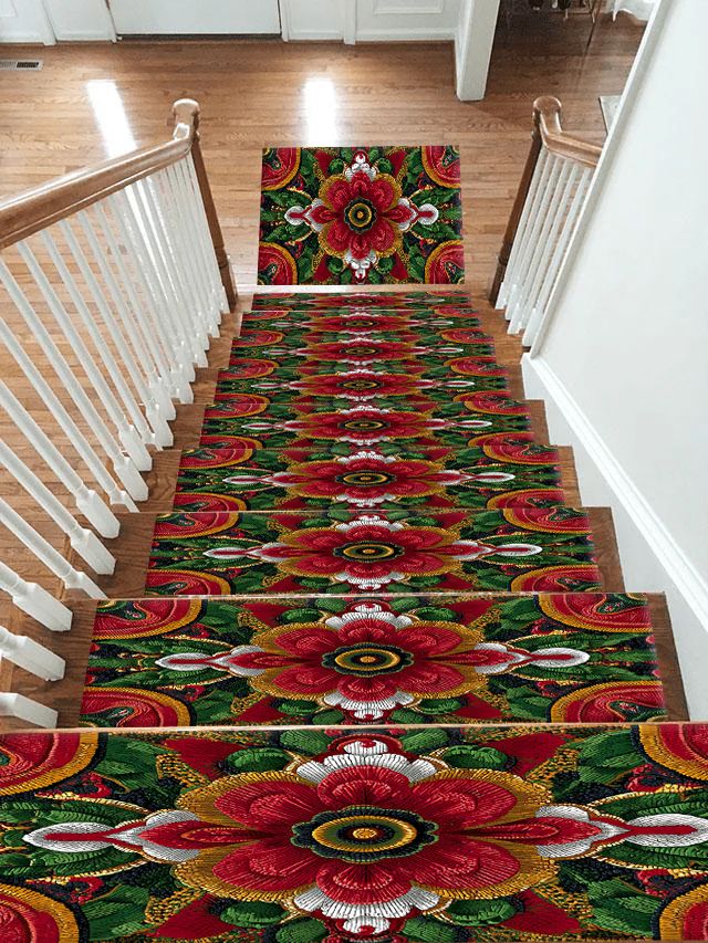 Red Folk Art Flower on Green non-slip stair mat