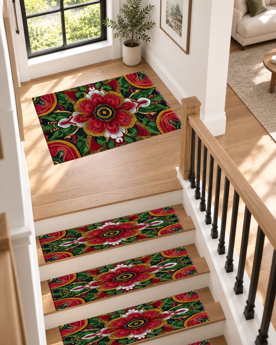 Red Folk Art Flower on Green non-slip stair mat