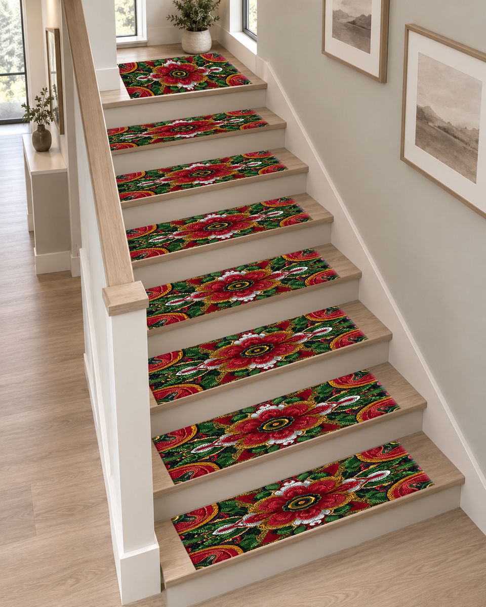 Red Folk Art Flower on Green non-slip stair mat