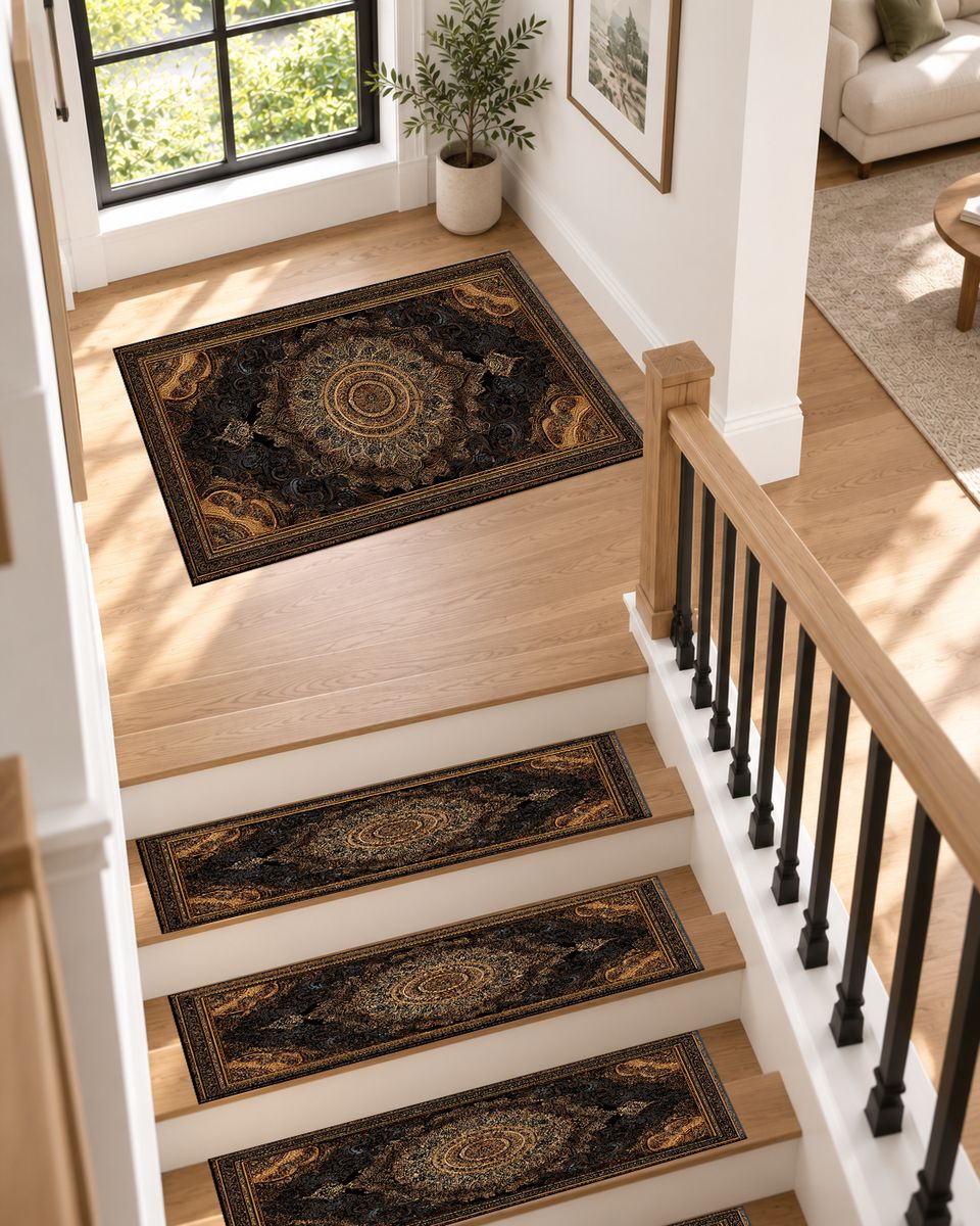 Black and Gold Baroque Medallion non-slip stair mat