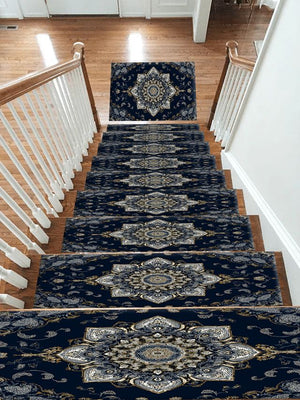 Navy and Silver Star Medallion Stair Treads, Non-Slip Stair Mat Set
