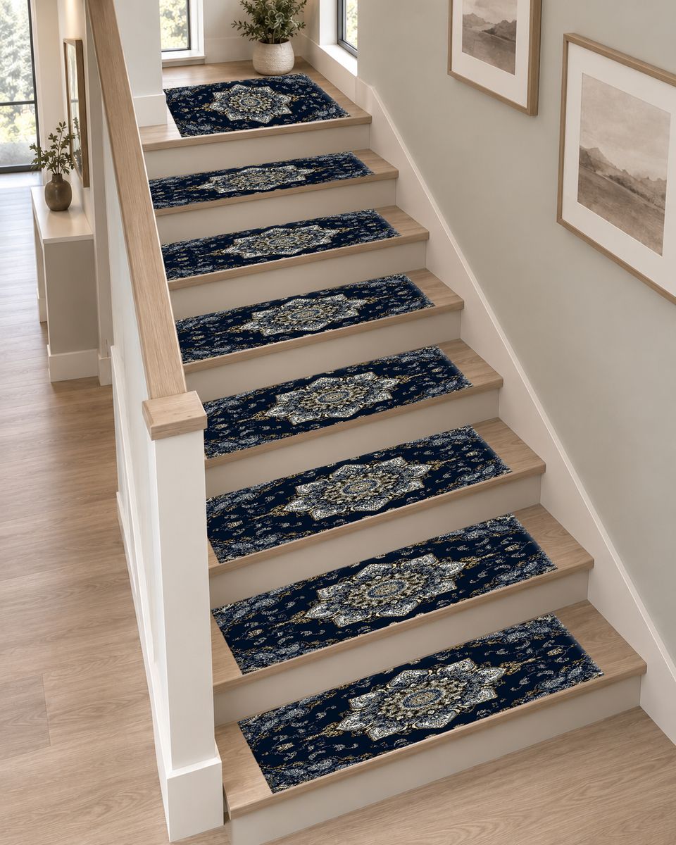 Navy and Silver Star Medallion non-slip stair mat