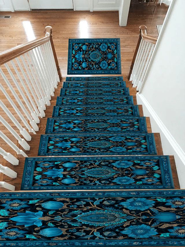 Turquoise Floral Arabesque non-slip stair mat