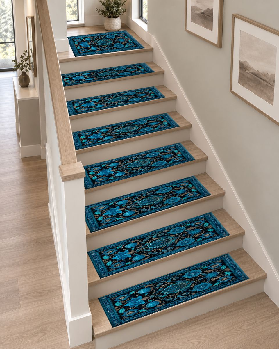 Turquoise Floral Arabesque non-slip stair mat
