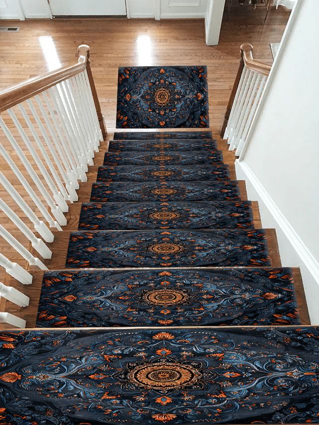 Midnight Blue Damask Medallion non-slip stair mat