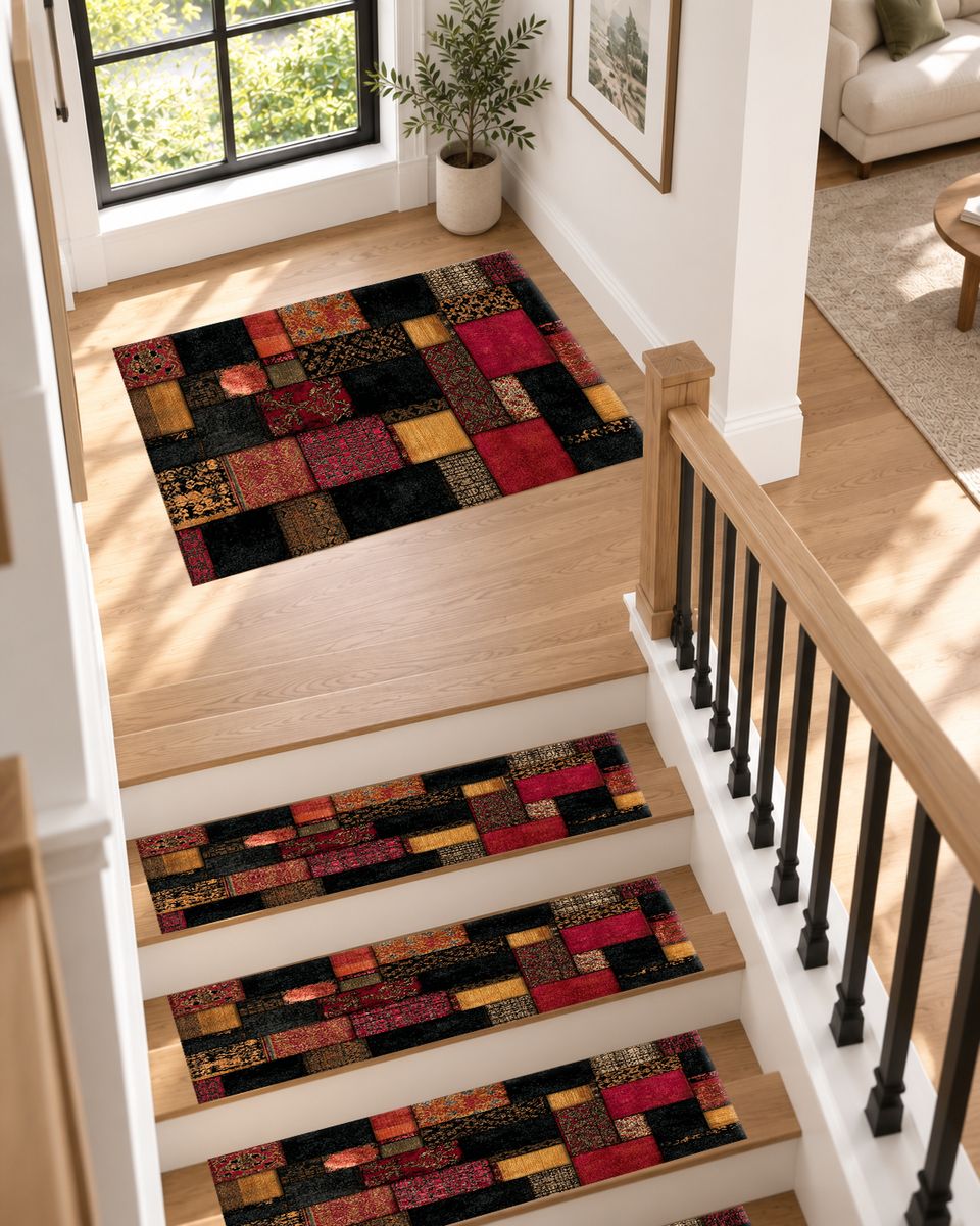 Black and Red Color Block Patchwork non-slip stair mat