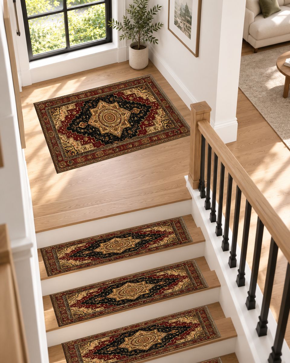 Black and Gold Classic Heriz Medallion non-slip stair mat
