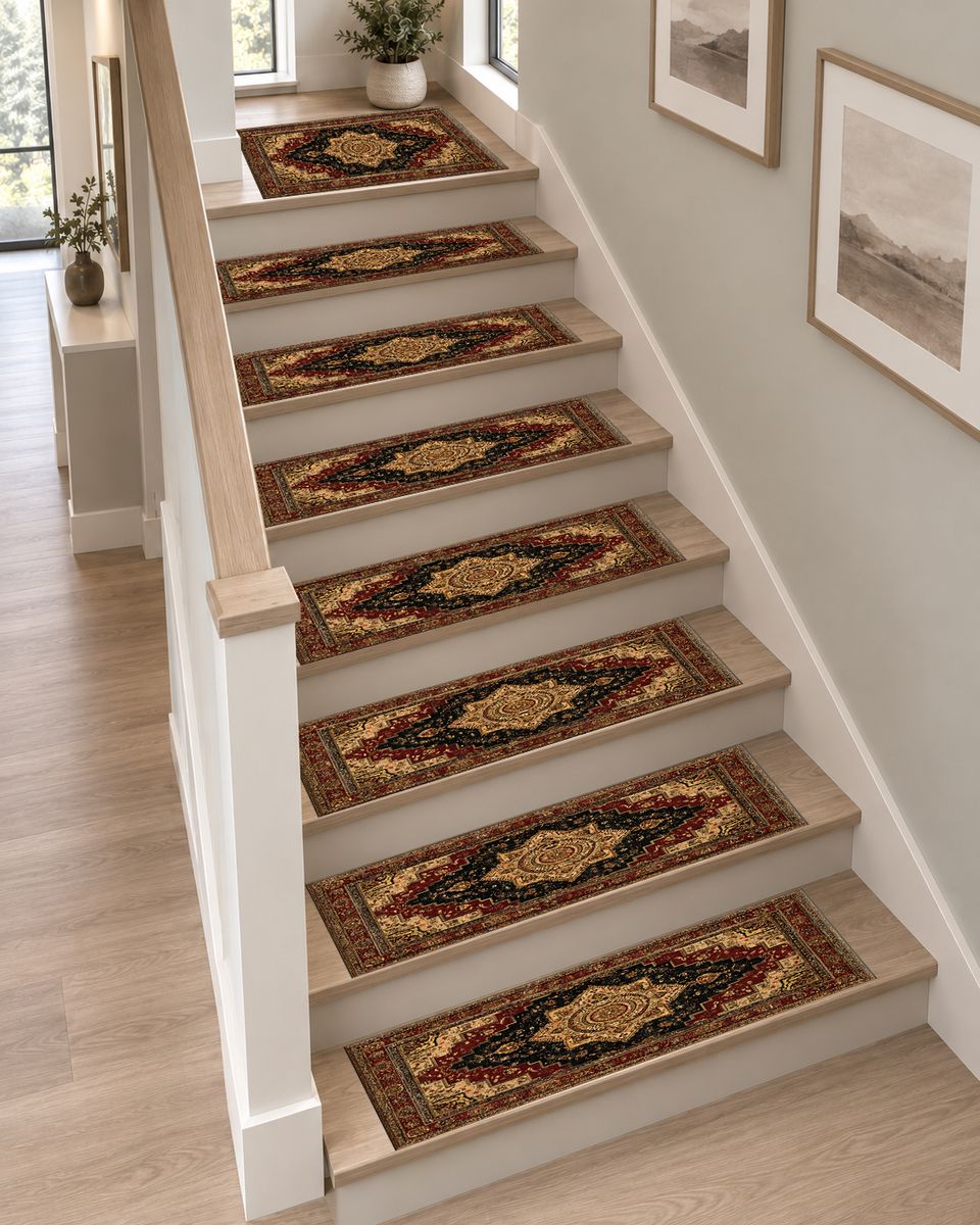 Black and Gold Classic Heriz Medallion non-slip stair mat