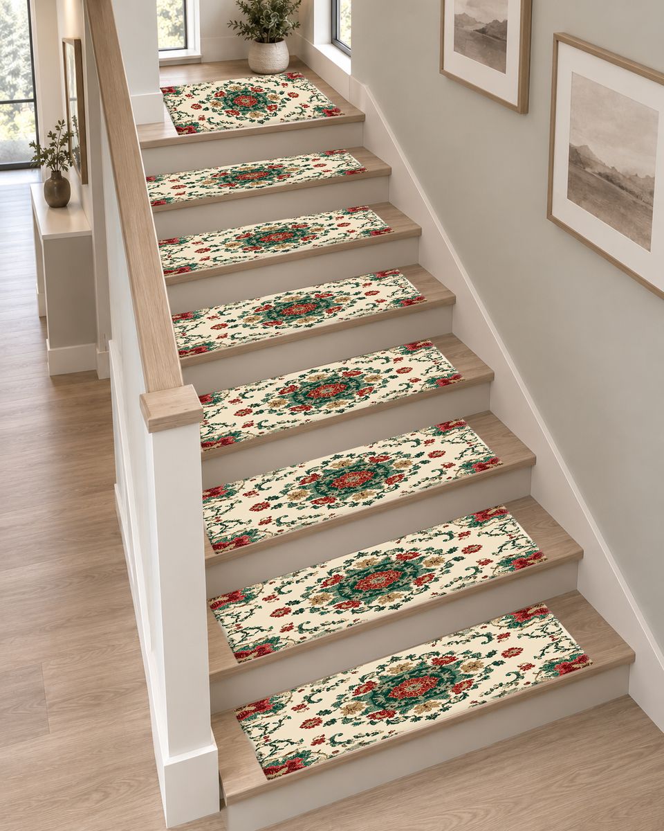 Cream Folk Floral Medallion non-slip stair mat