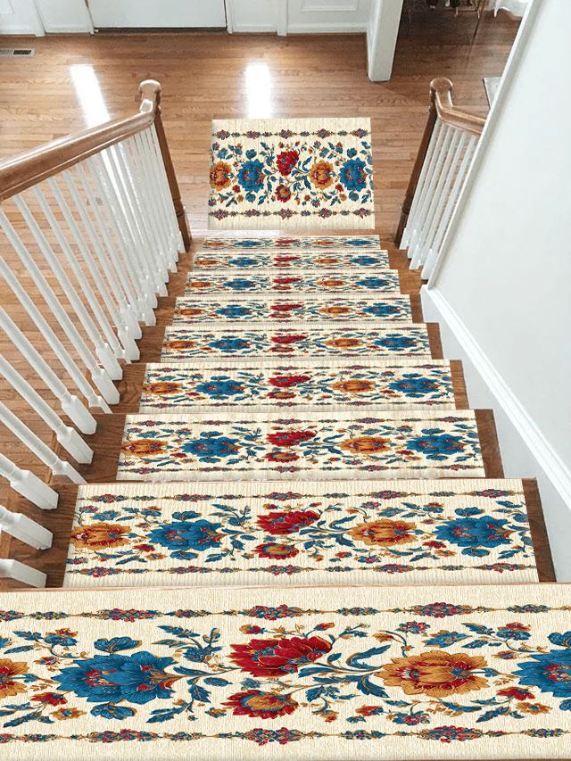 Cream Folk Floral Vine non-slip stair mat