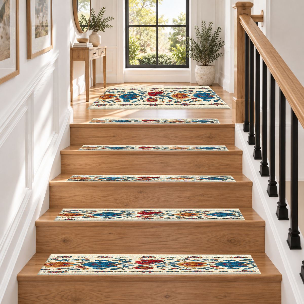 Cream Folk Floral Vine non-slip stair mat