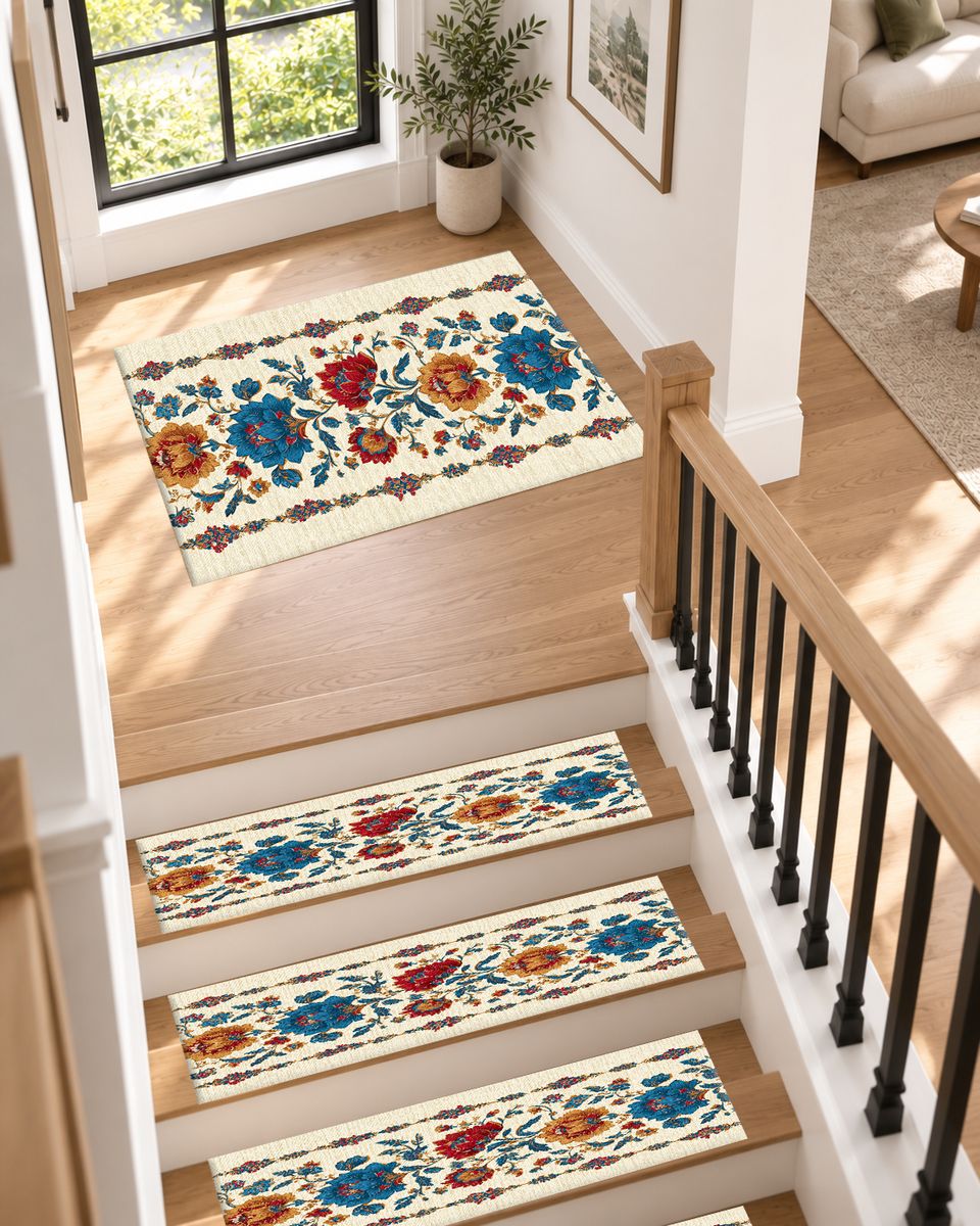 Cream Folk Floral Vine non-slip stair mat