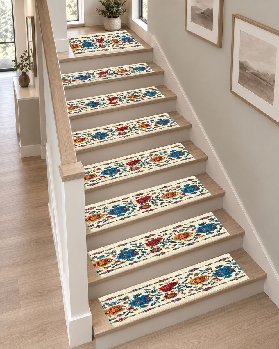 Cream Folk Floral Vine non-slip stair mat