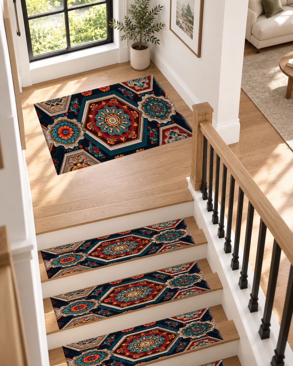 Navy Hexagon Mandala Mosaic non-slip stair mat