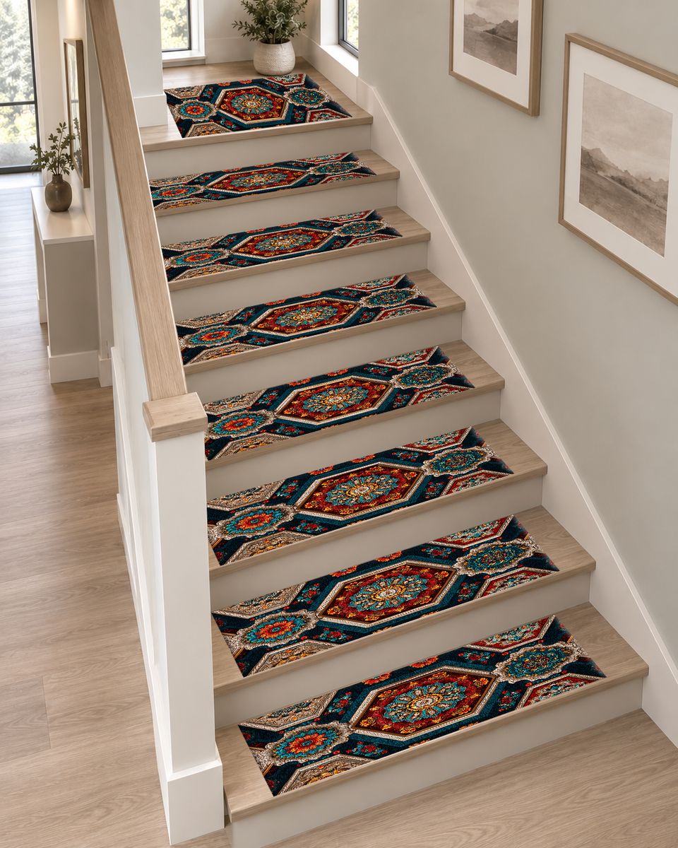 Navy Hexagon Mandala Mosaic non-slip stair mat