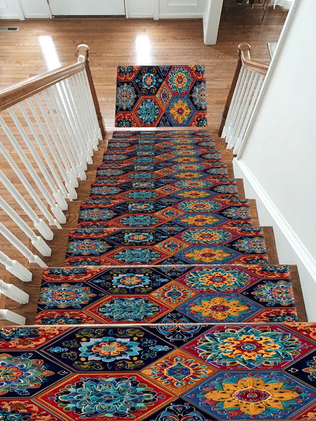 Vibrant Hexagon Mandala Mosaic non-slip stair mat