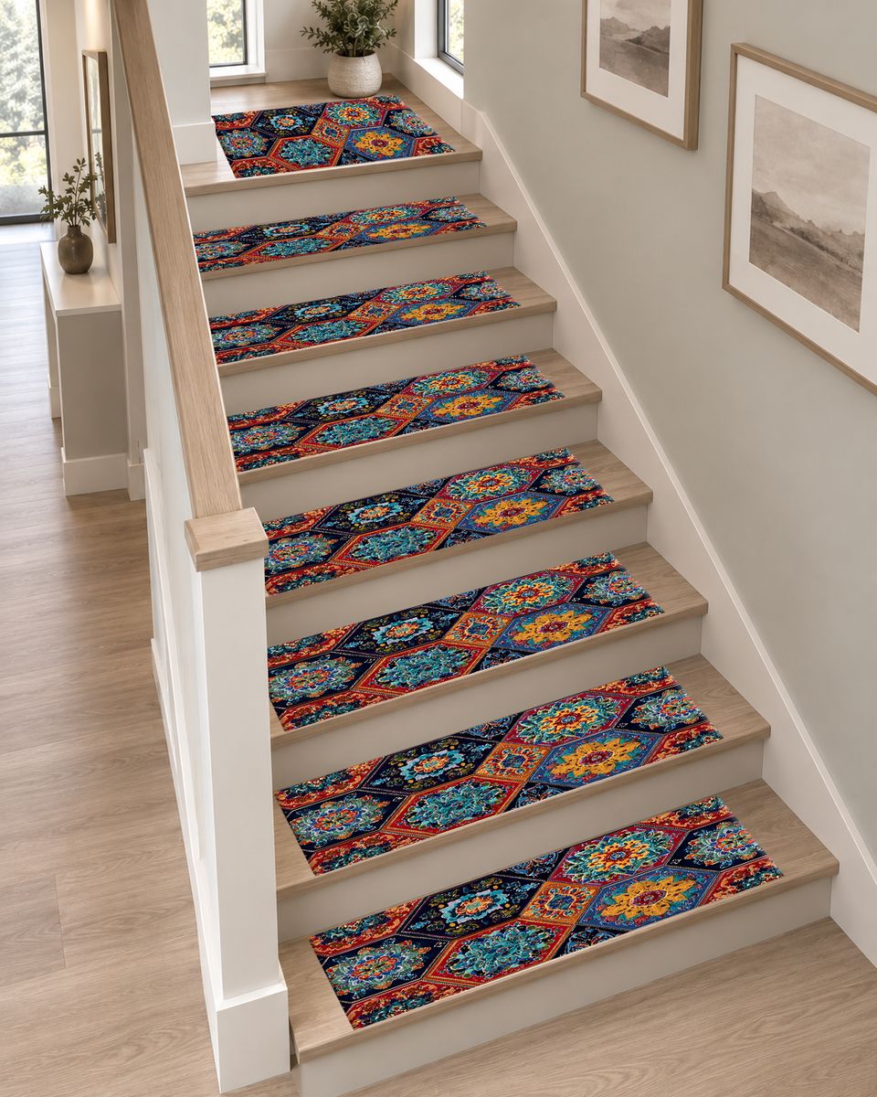 Vibrant Hexagon Mandala Mosaic non-slip stair mat