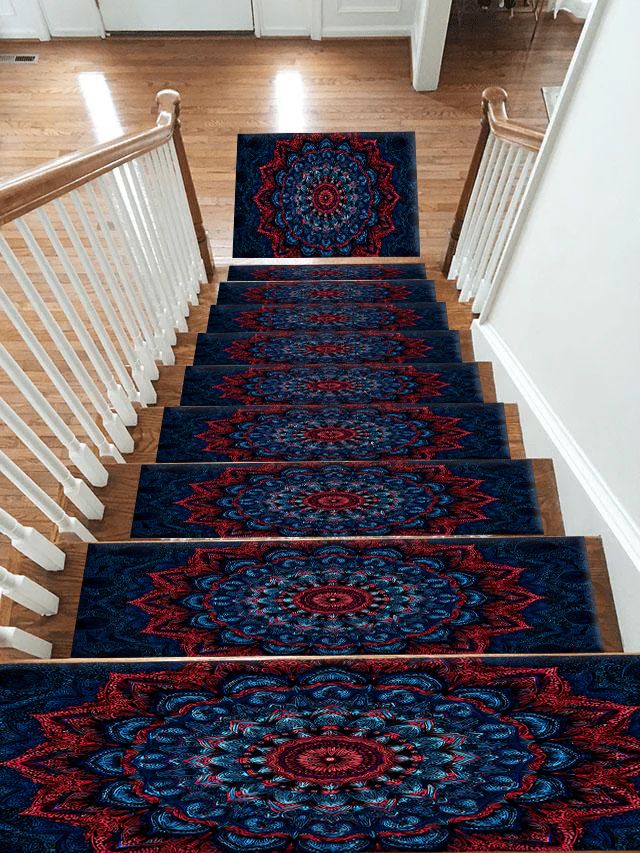 Navy and Red Ornate Mandala non-slip stair mat